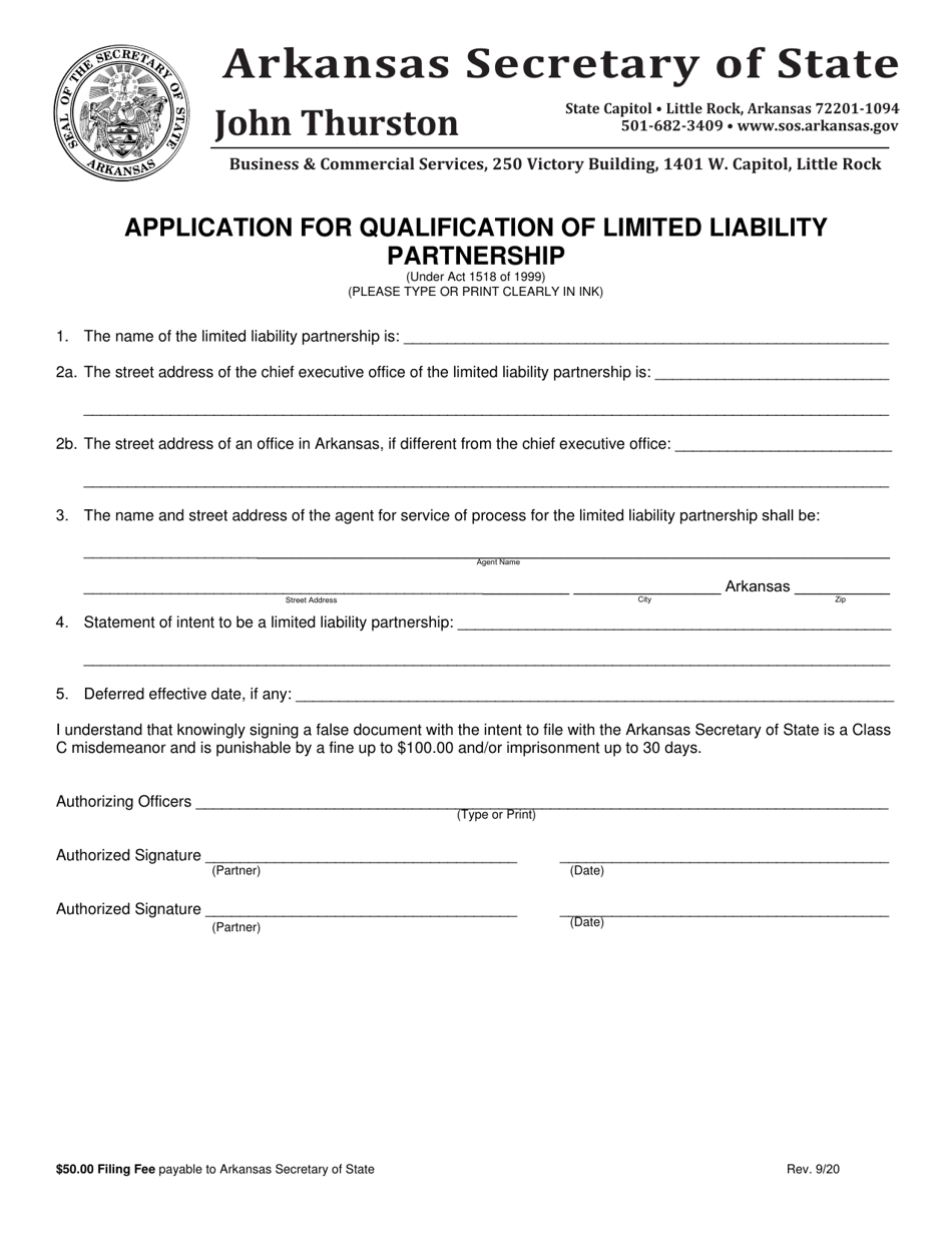Application for Qualification of Limited Liability Partnership - Arkansas, Page 1