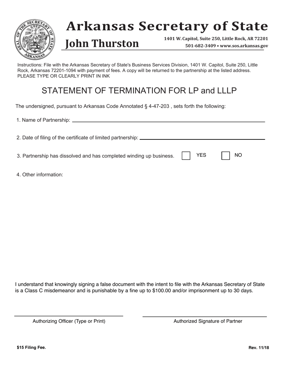 Statement of Termination for Lp and Lllp - Arkansas, Page 1