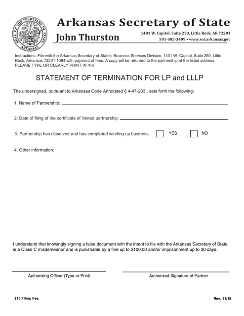 Statement of Termination for Lp and Lllp - Arkansas Download Pdf