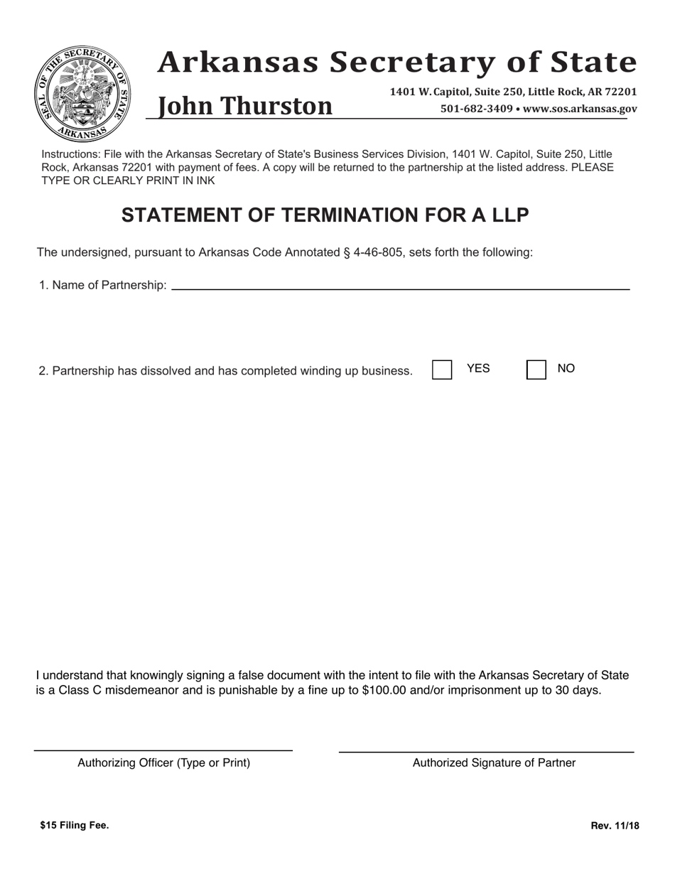 Statement of Termination for a Llp - Arkansas, Page 1