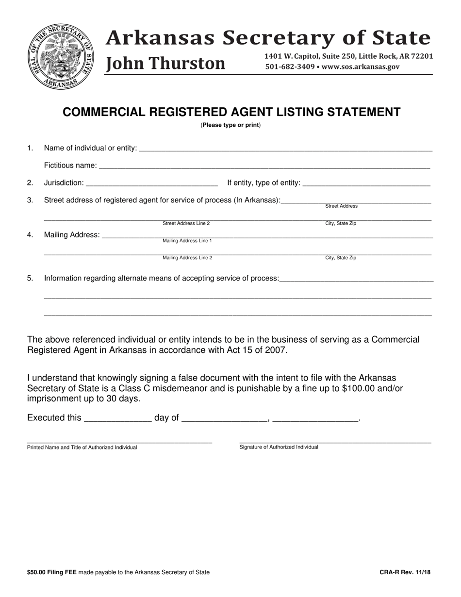 Form CRA-R Commercial Registered Agent Listing Statement - Arkansas, Page 1