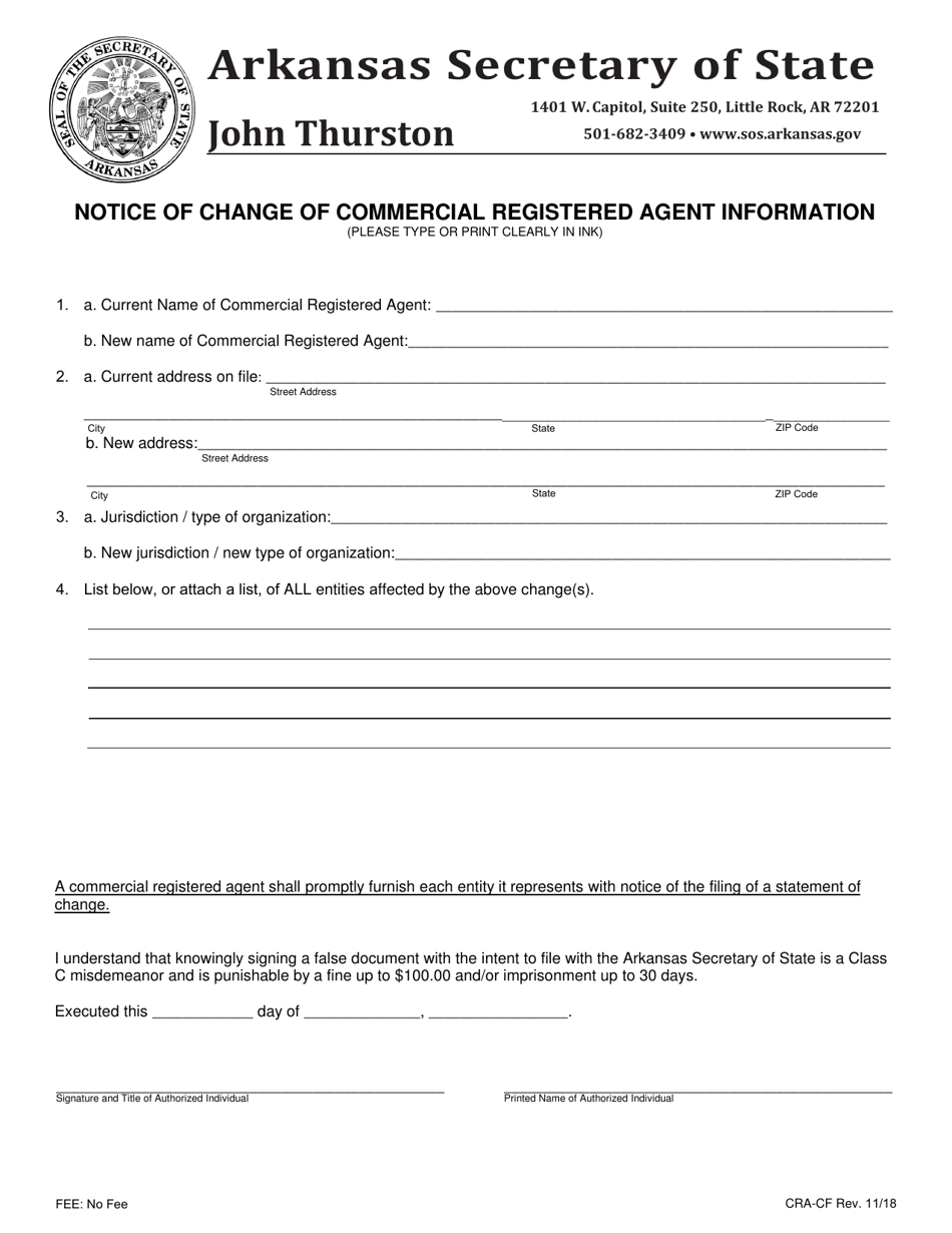 Form CRA-CF Notice of Change of Commercial Registered Agent Information - Arkansas, Page 1