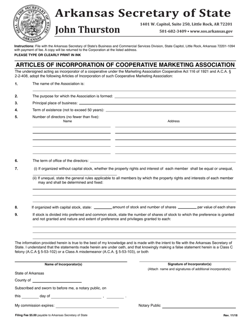 Articles of Incorporation of Cooperative Marketing Association - Arkansas Download Pdf