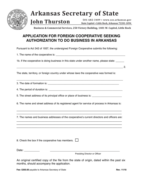 Application for Foreign Cooperative Seeking Authorization to Do Business in Arkansas - Arkansas Download Pdf