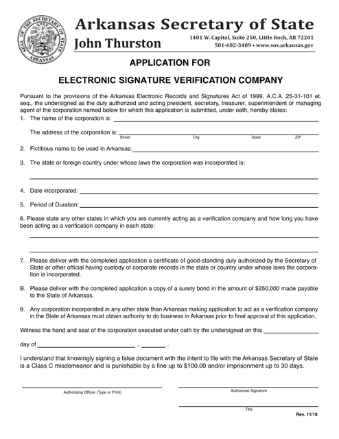 Application for Electronic Signature Verification Company - Arkansas Download Pdf