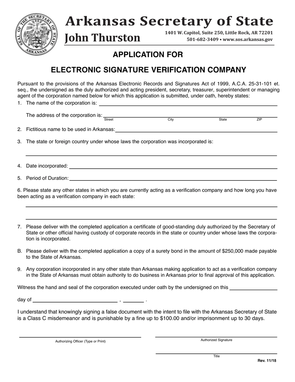 Application for Electronic Signature Verification Company - Arkansas, Page 1