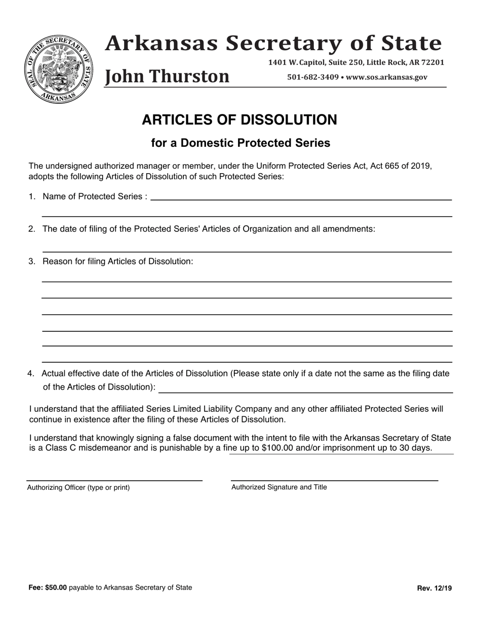Articles of Dissolution for a Domestic Protected Series - Arkansas, Page 1