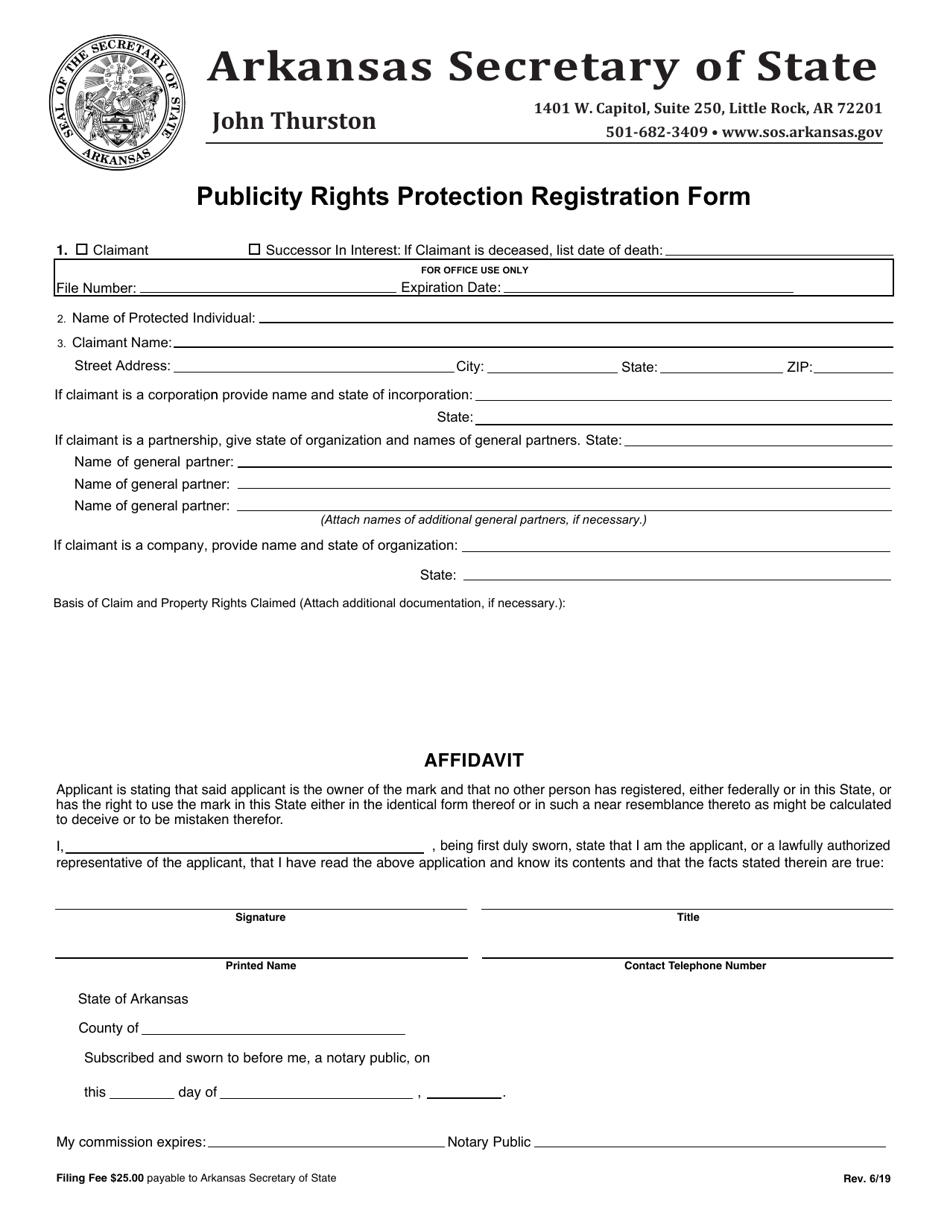 Publicity Rights Protection Registration Form - Arkansas, Page 1