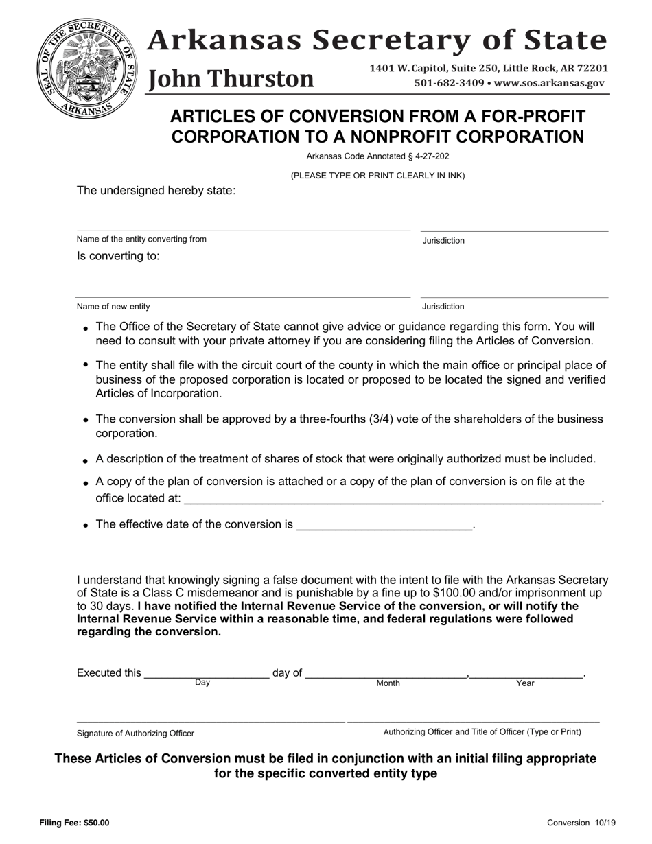Articles of Conversion From a for-Profit Corporation to a Nonprofit Corporation - Arkansas, Page 1