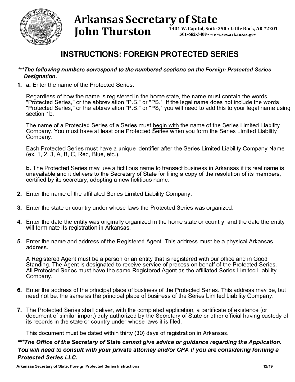 Instructions for Foreign Protected Series Application - Arkansas, Page 1