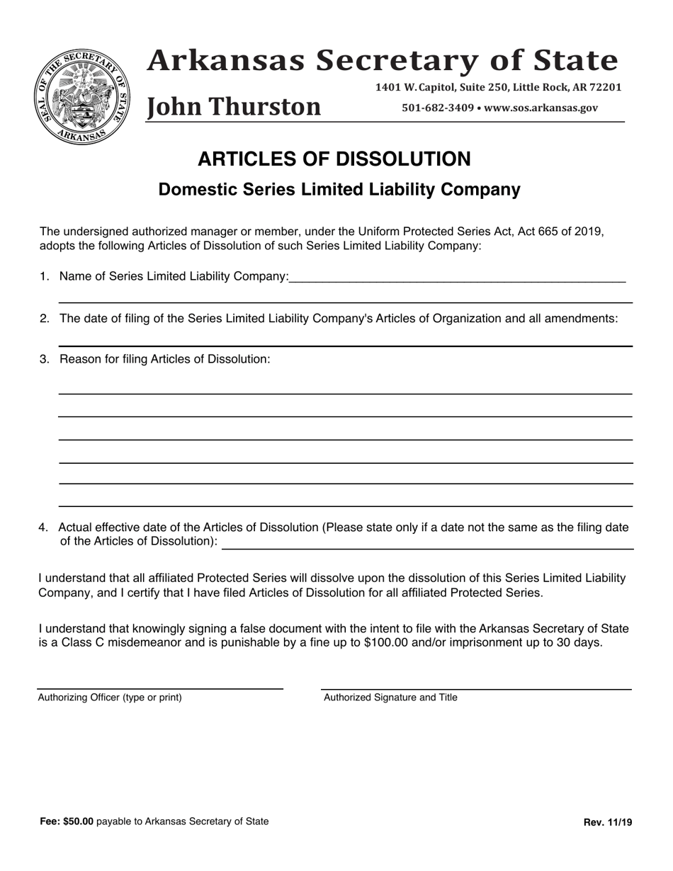 Articles of Dissolution - Domestic Series Limited Liability Company - Arkansas, Page 1