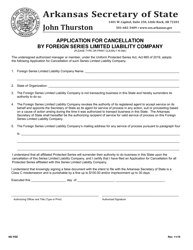 Document preview: Application for Cancellation by Foreign Series Limited Liability Company - Arkansas