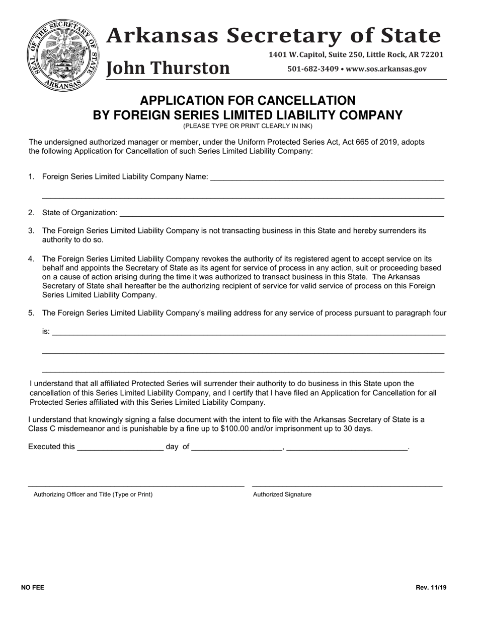 Application for Cancellation by Foreign Series Limited Liability Company - Arkansas, Page 1
