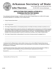Document preview: Application for Cancellation by a Foreign Protected Series - Arkansas