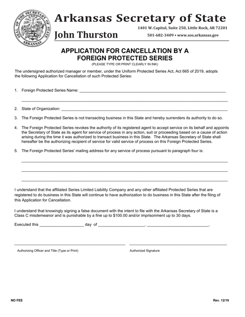 Application for Cancellation by a Foreign Protected Series - Arkansas Download Pdf