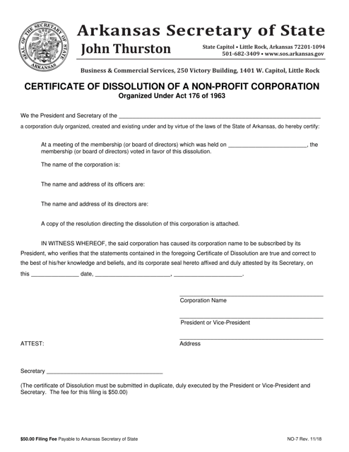 Form NO-7 Certificate of Dissolution of a Non-profit Corporation - Arkansas