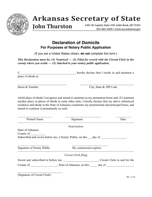 Declaration of Domicile for Purpose of Notary Public Application - Arkansas Download Pdf