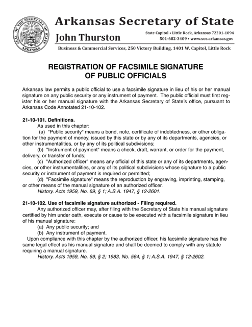 Registration of Facsimile Signature of Public Officials - Arkansas Download Pdf