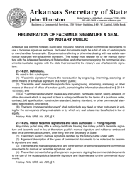 Document preview: Registration of Facsimile Signature and Seal of Notary Public - Arkansas