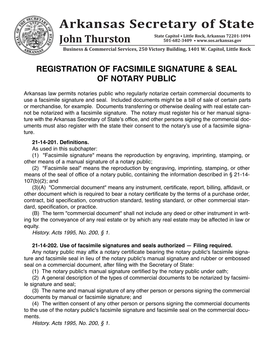 Arkansas Registration of Facsimile Signature and Seal of Notary Public