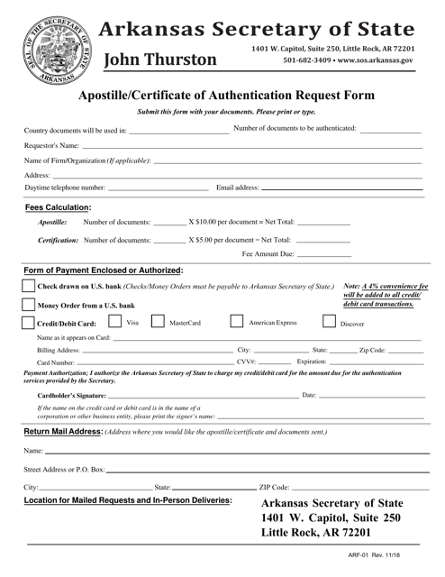 Document preview: Form ARF-01 Apostille/Certificate of Authentication Request Form - Arkansas