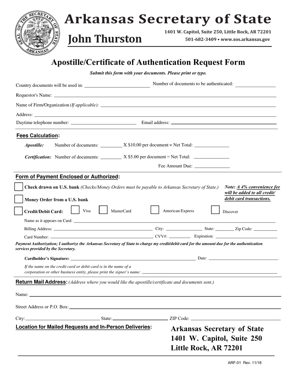 Form ARF-01 Apostille/Certificate of Authentication Request Form - Arkansas, Page 1