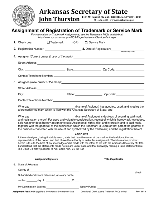 Assignment of Registration of Trademark or Service Mark - Arkansas Download Pdf