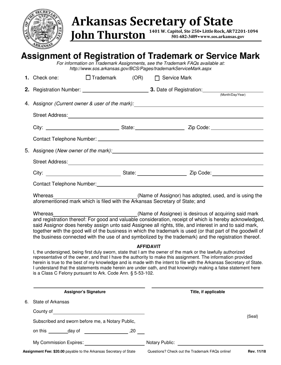 Assignment of Registration of Trademark or Service Mark - Arkansas, Page 1