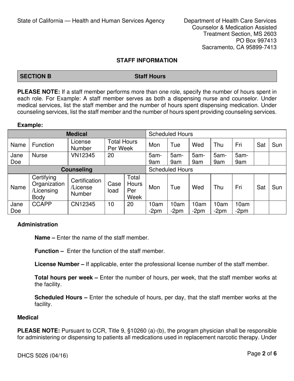 Form DHCS5026 Staff Information - California, Page 2
