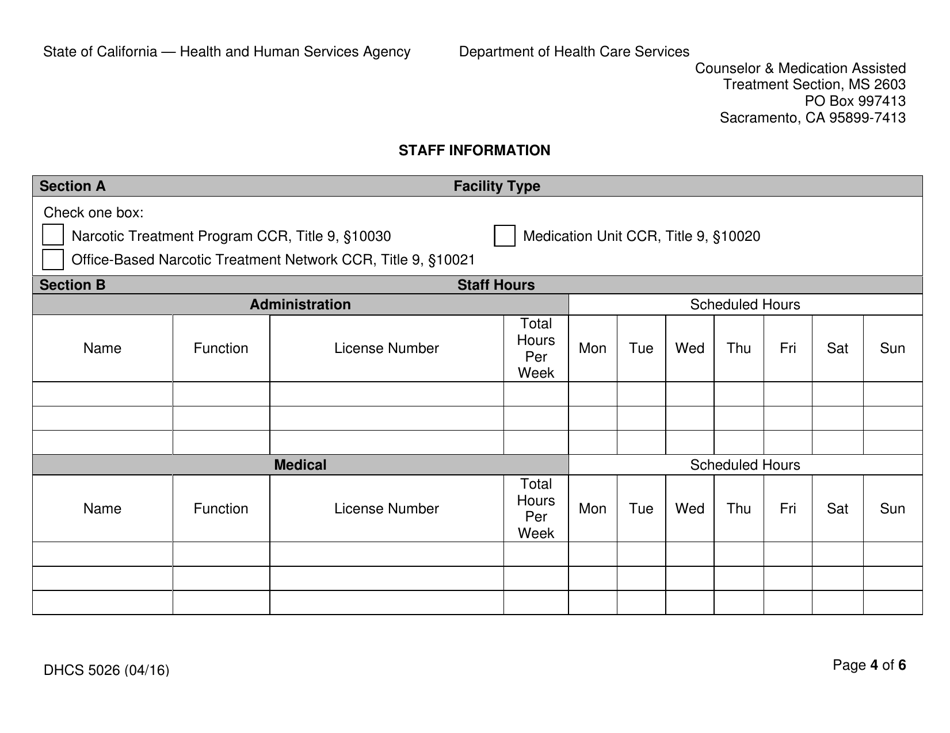Form DHCS5026 Staff Information - California, Page 4