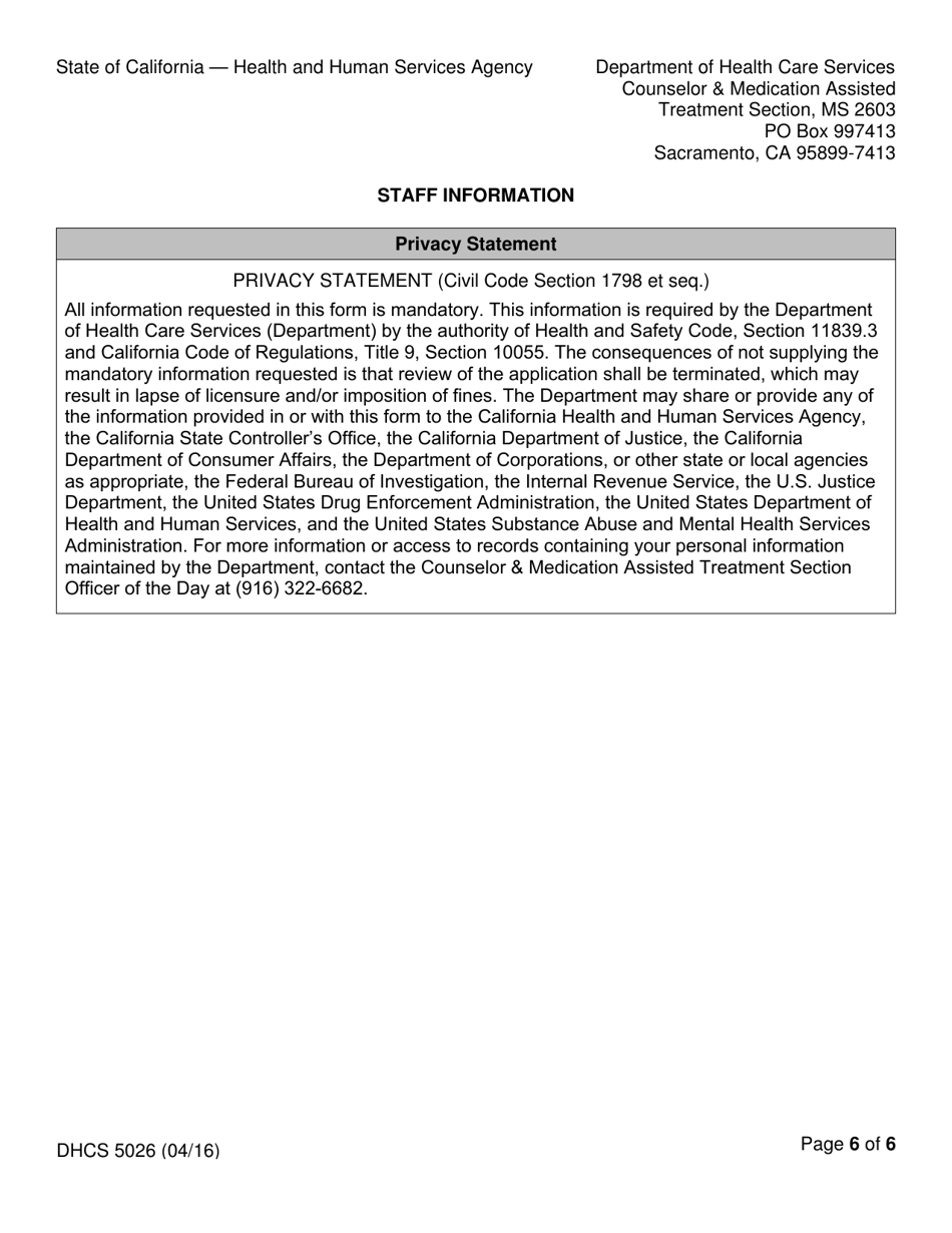 Form DHCS5026 Staff Information - California, Page 6
