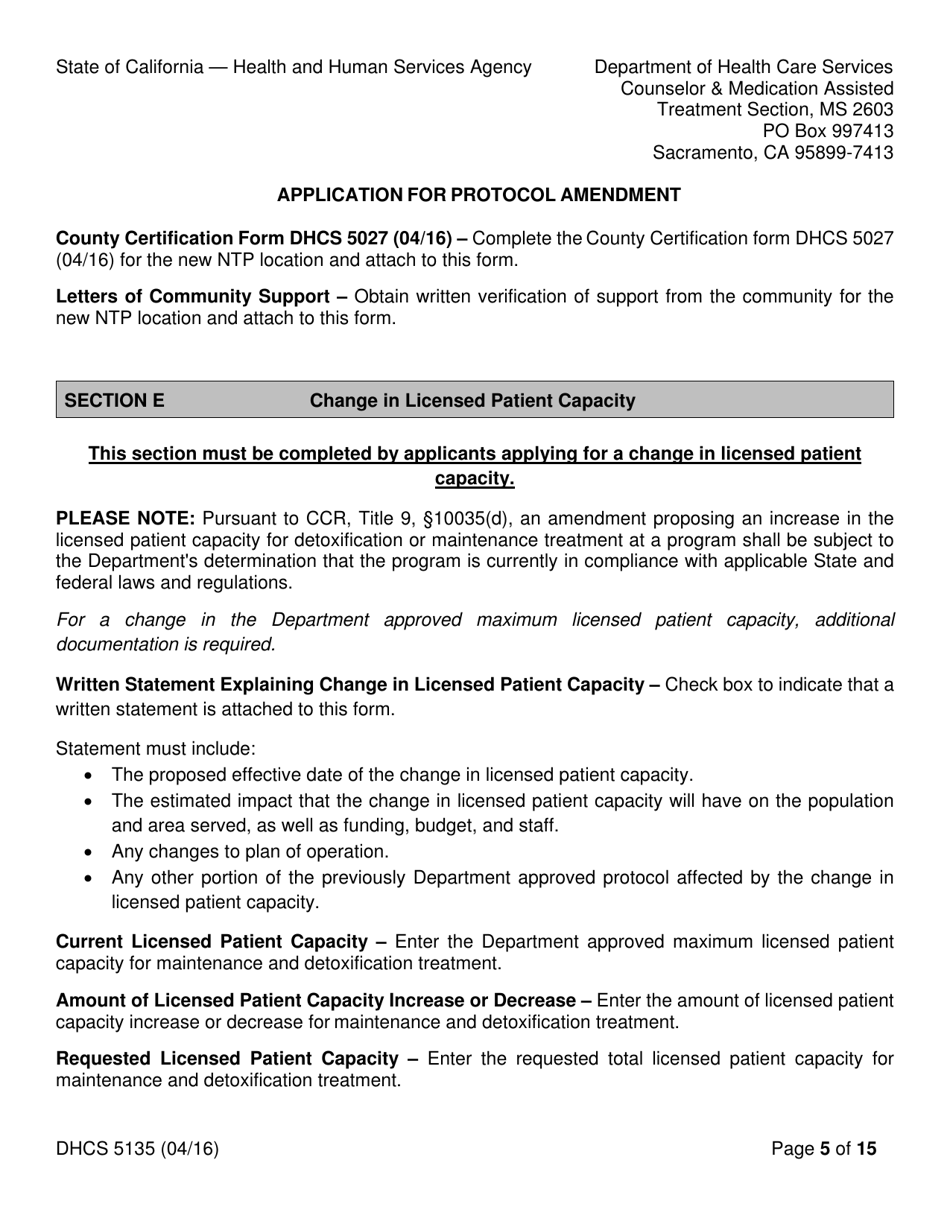 Form DHCS5135 Application for Protocol Amendment - California, Page 5