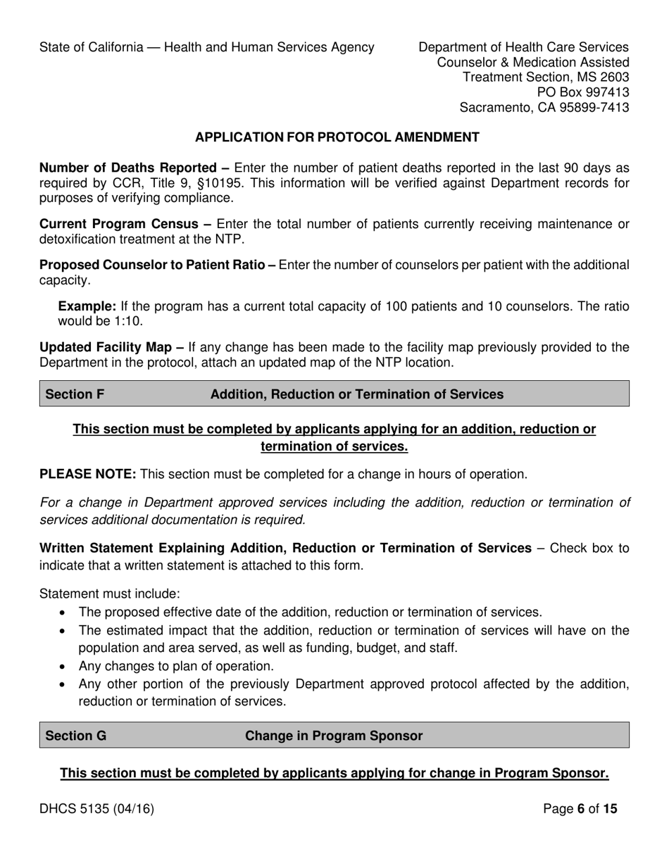 Form DHCS5135 Application for Protocol Amendment - California, Page 6