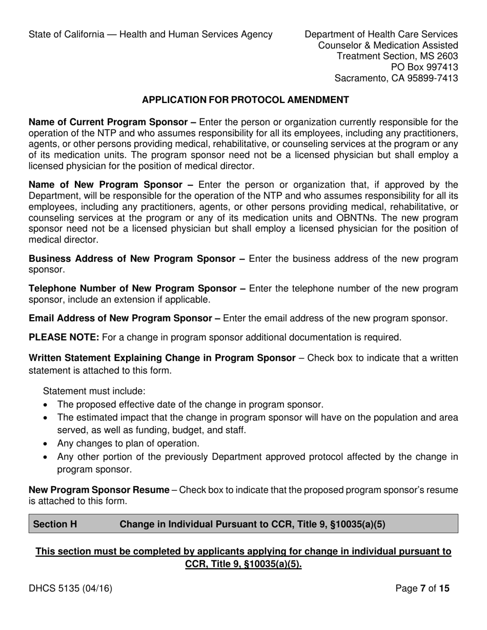 Form DHCS5135 Application for Protocol Amendment - California, Page 7