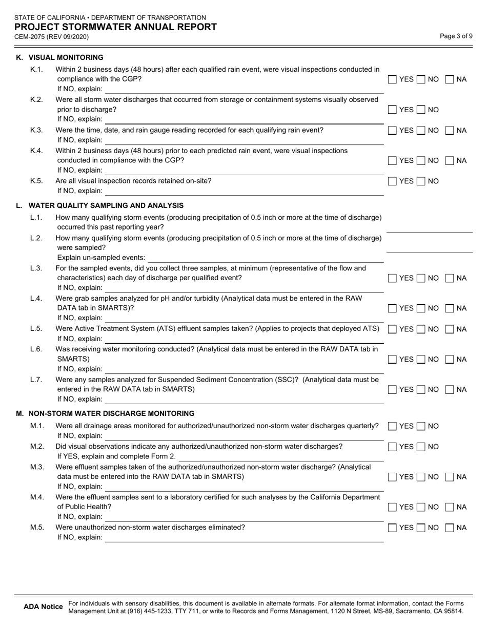 Form CEM-2075 Project Stormwater Annual Report - California, Page 3