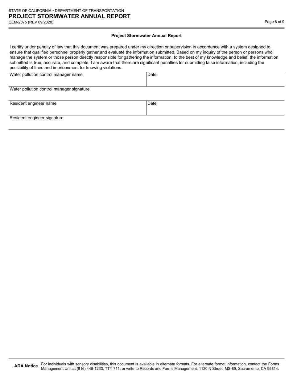 Form CEM-2075 Project Stormwater Annual Report - California, Page 8