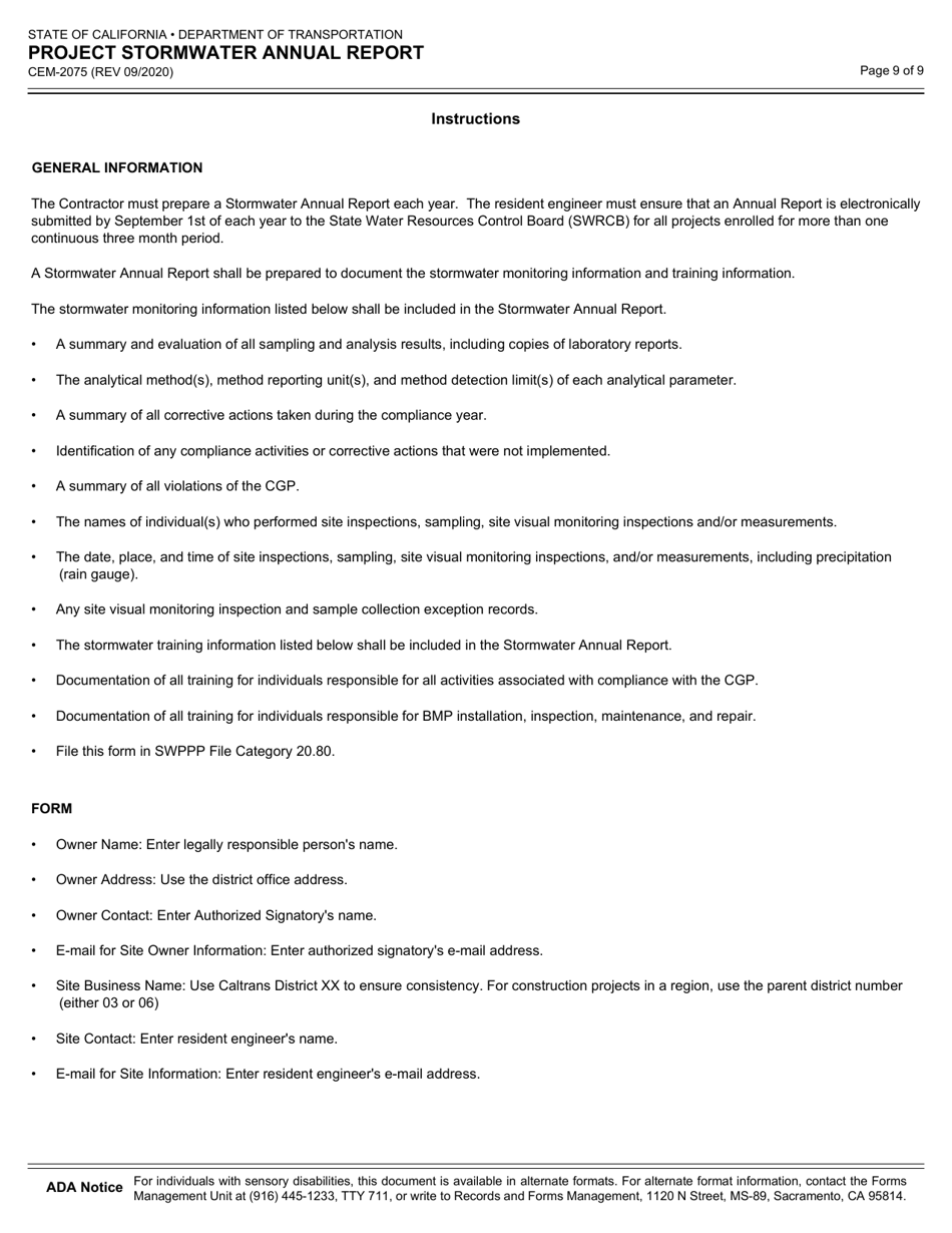 Form CEM-2075 Project Stormwater Annual Report - California, Page 9
