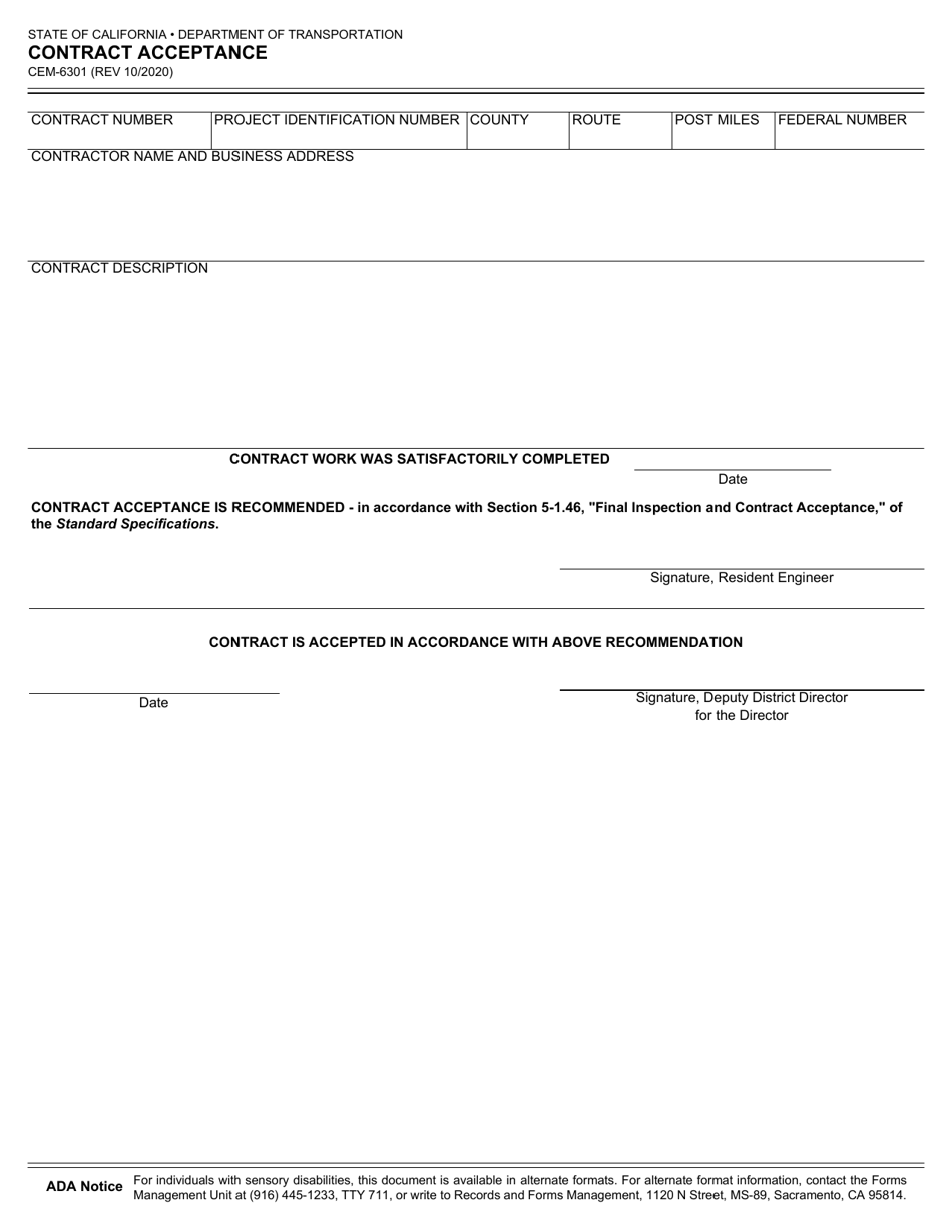 Form CEM-6301 Contract Acceptance - California, Page 1