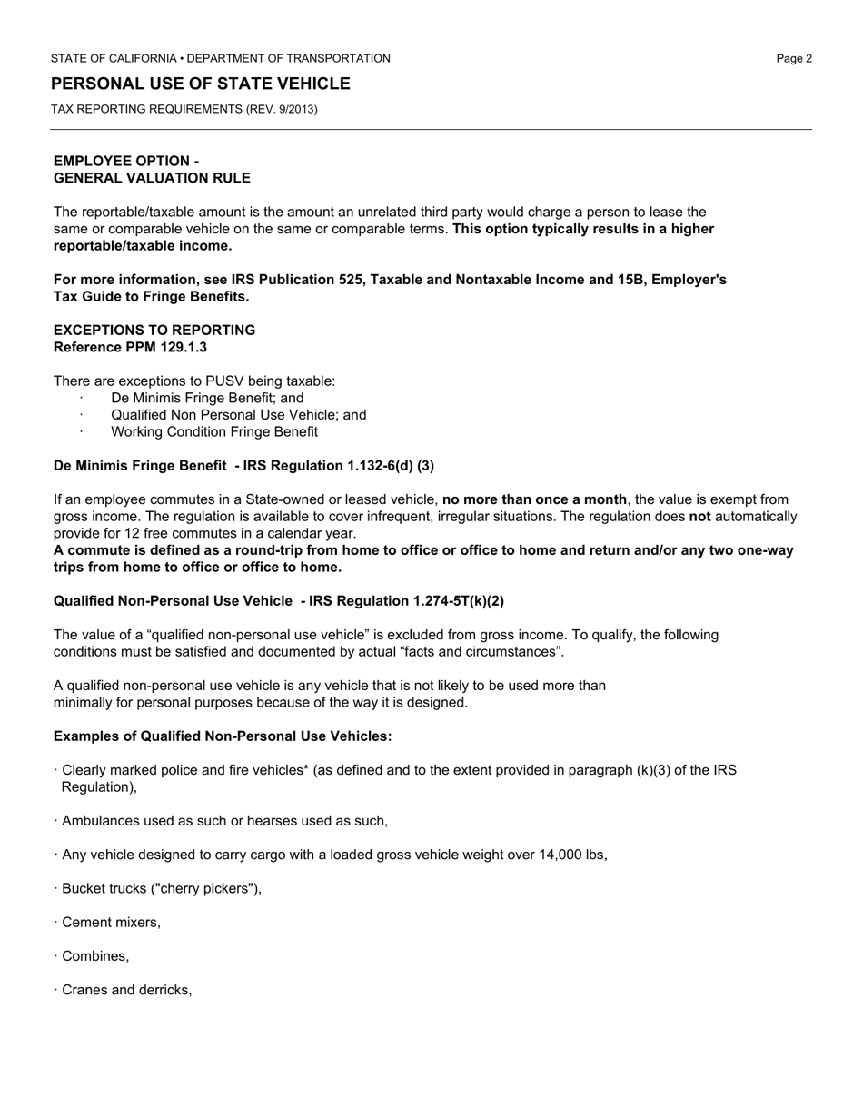 Form PM-0041 Personal Use of State Vehicle One-Way Commuting and / or Round Trip - California, Page 3