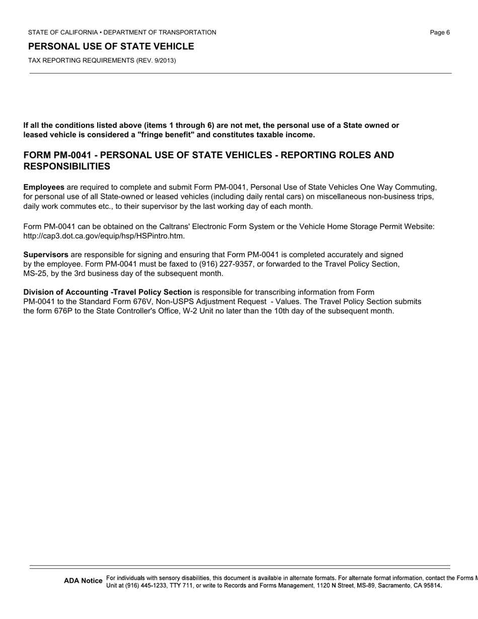 Form PM-0041 Personal Use of State Vehicle One-Way Commuting and / or Round Trip - California, Page 7