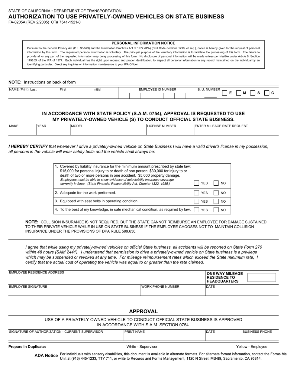 Form FA-0205A Authorization to Use Privately-Owned Vehicles on State Business - California, Page 1