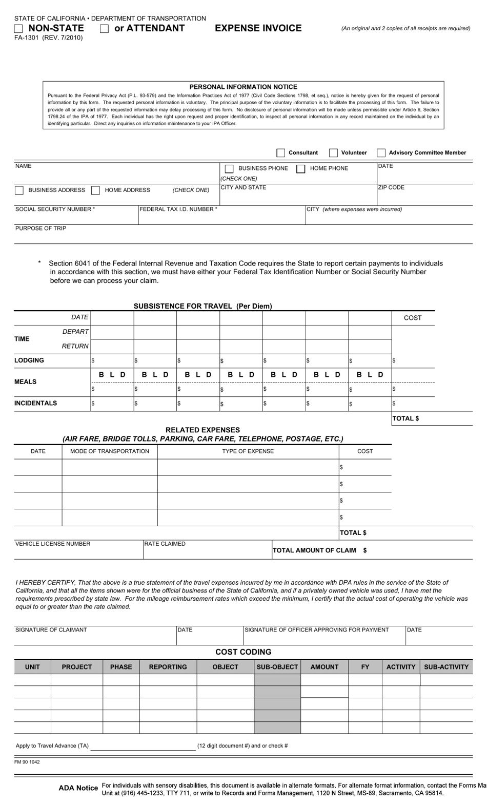 Form FA-1301 Non-state or Attendant Expense Invoice - California, Page 1