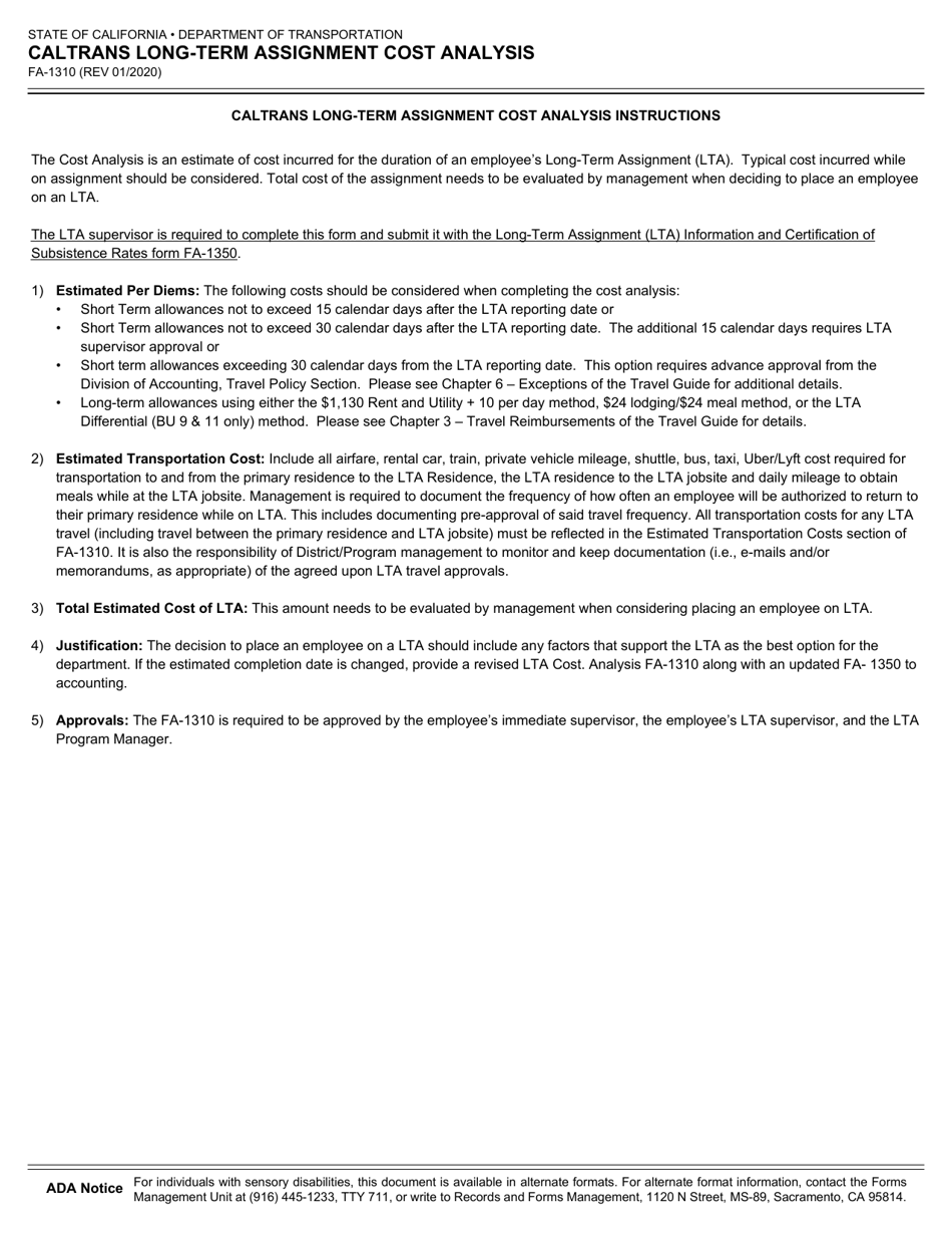 Form FA-1310 Caltrans Long-Term Assignment Cost Analysis - California, Page 2