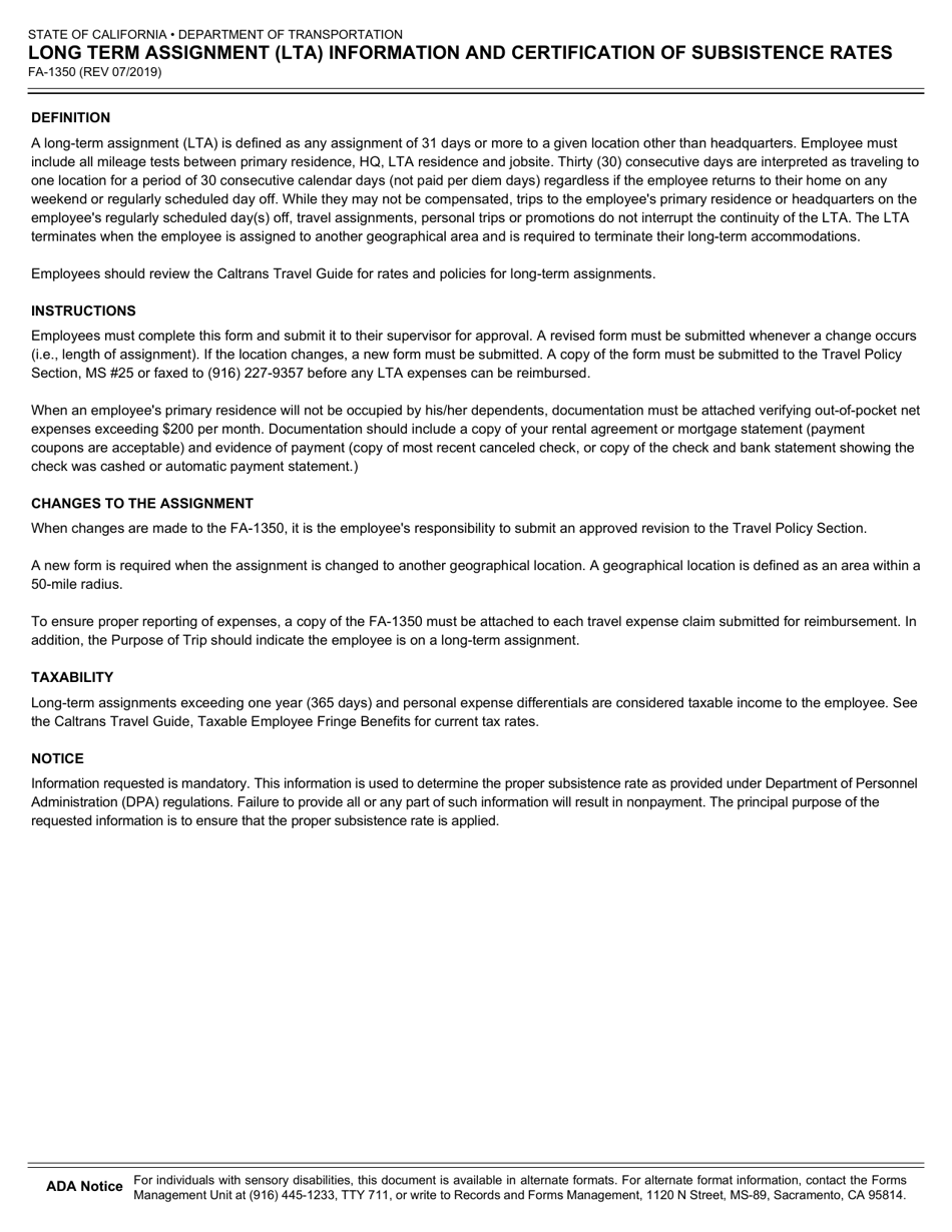 Form FA-1350 Long Term Assignment (Lta) Information and Certification of Subsistence Rates - California, Page 2