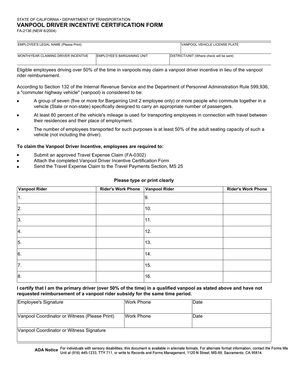 Form FA-2136 Vanpool Driver Incentive Certification Form - California, Page 1