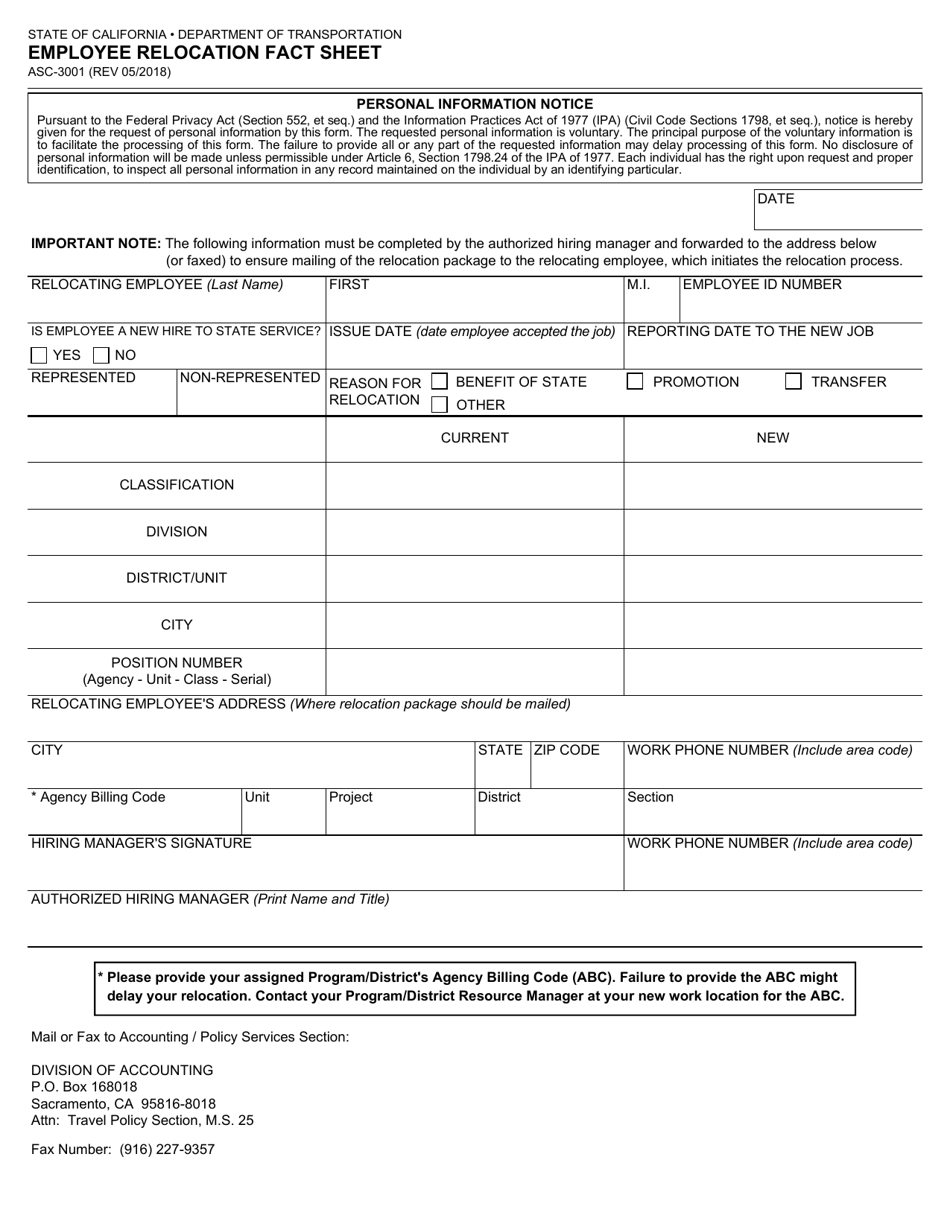 Form ASC-3001 Employee Relocation Fact Sheet - California, Page 1