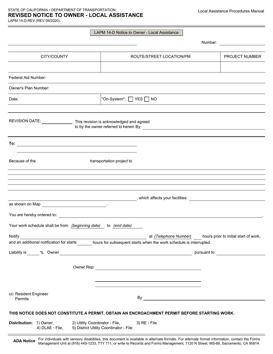 Form LAPM14-D-REV Revised Notice to Owner - Local Assistance - California, Page 1