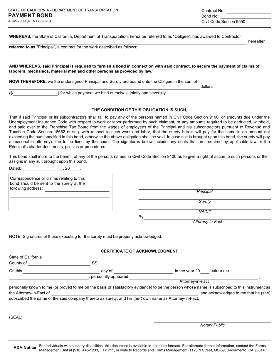 Form ADM-2009 Payment Bond - California, Page 1