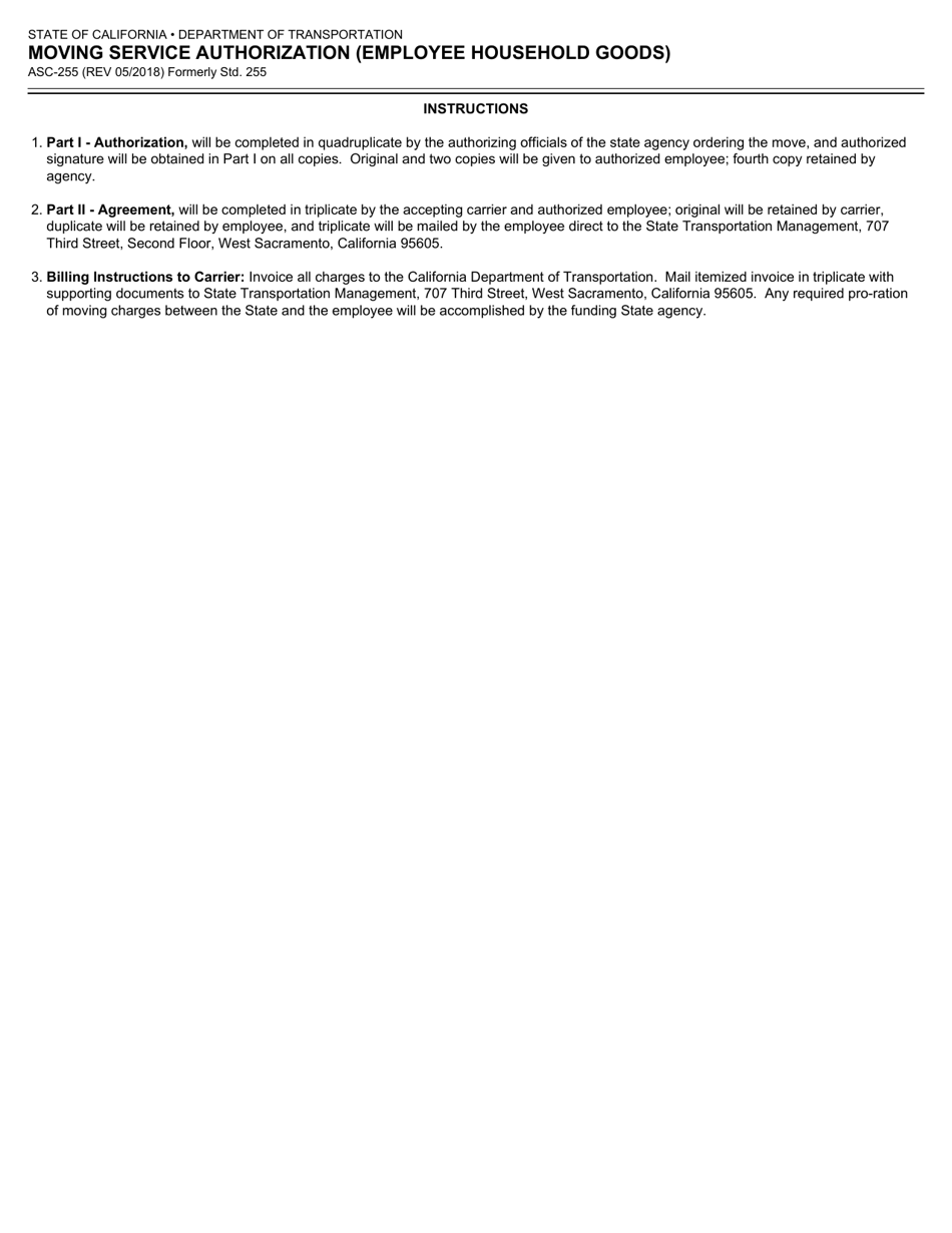 Form ASC-255 Moving Service Authorization (Employee Household Goods) - California, Page 2