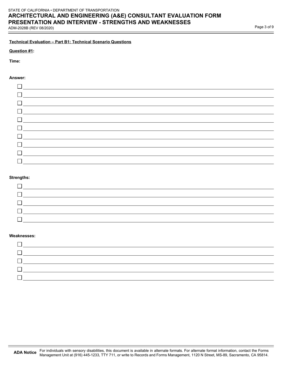 Form ADM-2028B Architectural and Engineering (Ae) Consultant Evaluation Form Presentation and Intervie - Strengths and Weaknesses - California, Page 3